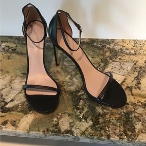 New Stuart Weitzman Black Leather Nudist Ankle Strap 120 Heels 11.5 Nudistsong